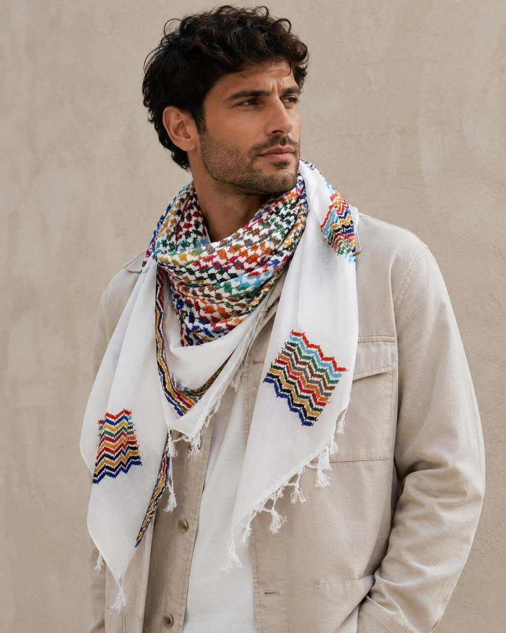 Authentic Palestinian Keffiyeh Scarf with Rainbow Chevron Pattern - Picture 4 of 5